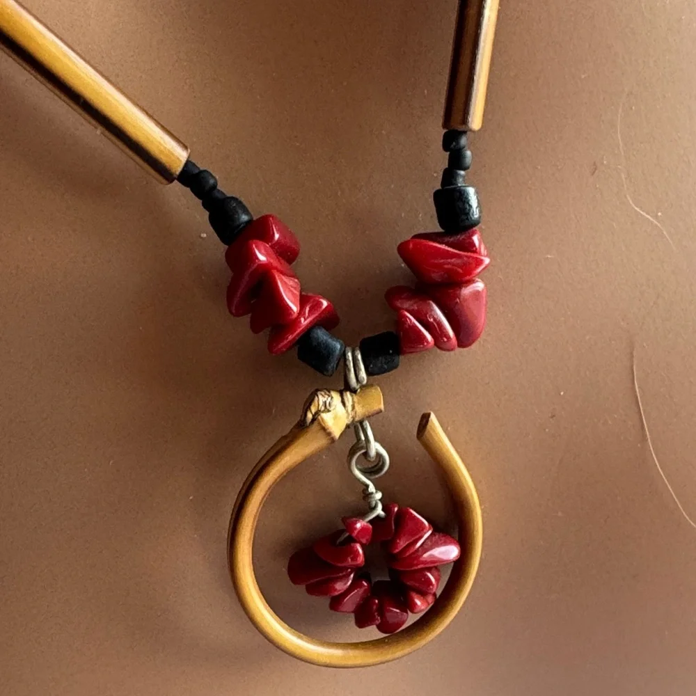 Handcrafted Red Flower Pendant Necklace and Earrings Set - Picture 4 of 4